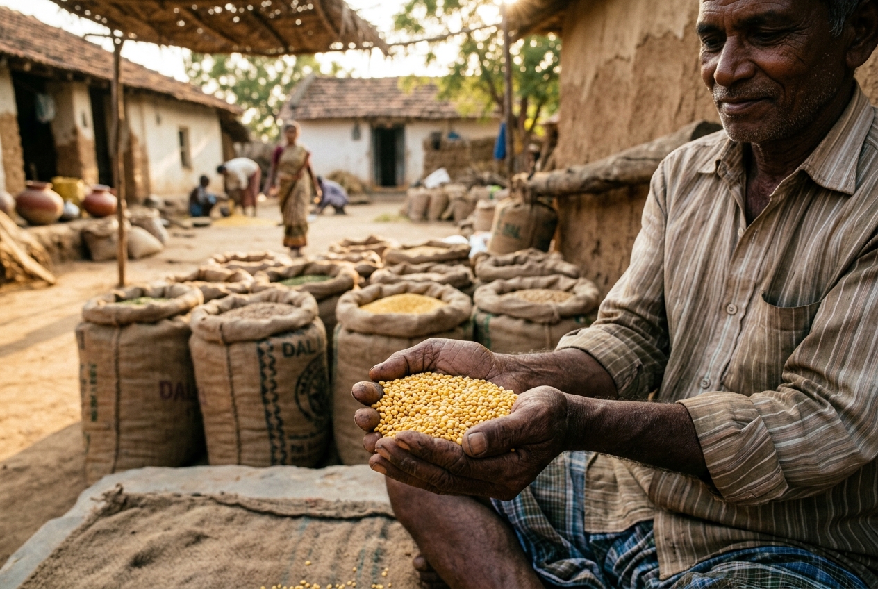 Freshly harvested golden pulses held in hand in rural Siddipet, Telangana
