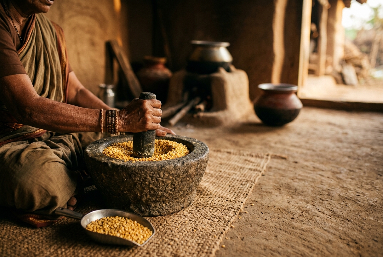 Traditional milling of golden pulses at Gramena Pappulu, Siddipet